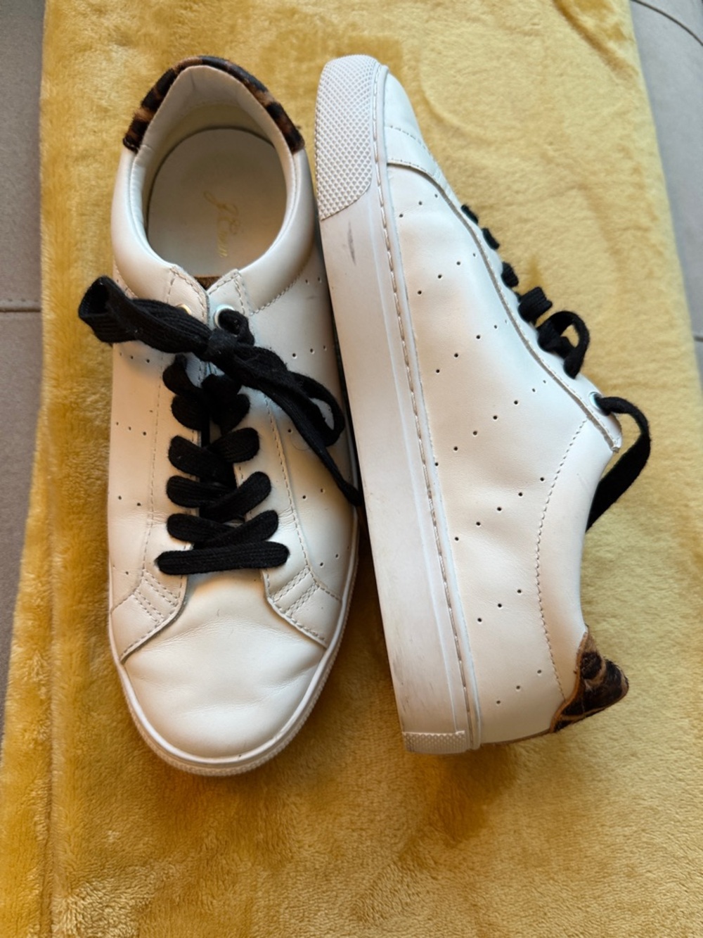 J. Crew White Leather Sneakers with Black Laces and Leopard Heel
